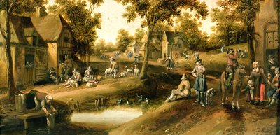 Een Dorpsscène met Boeren aan de Oevers van een Stroom door Joost Cornelisz. Droochsloot